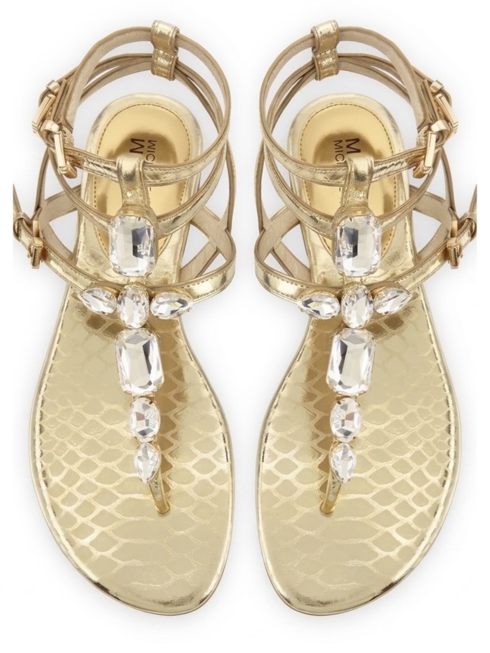 Michael Kors Gold Embellished T-Strap Sandals Size 7 Crystal Metallic Vacation